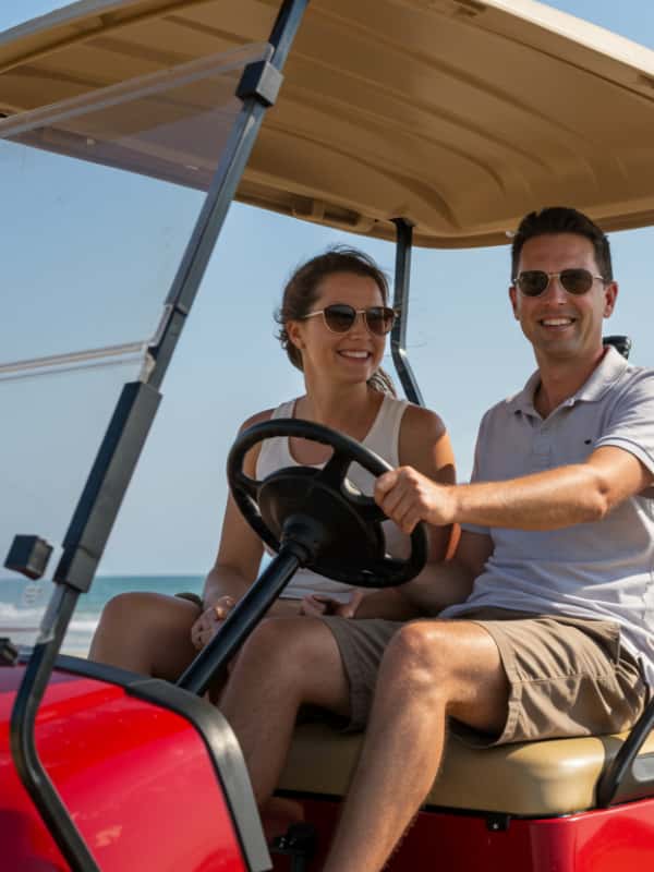 a man and woman driving a golf cart
