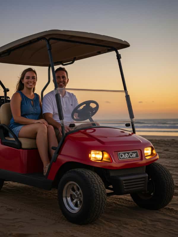 a man and woman in a golf cart on a beach